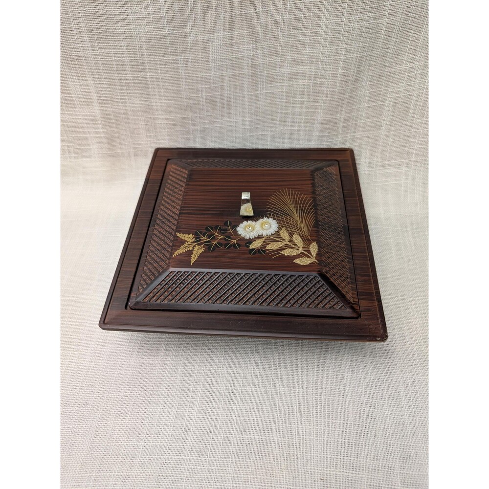 Vintage Lidded Lacquered Floral Rhinestone Square Box with Four Compartments